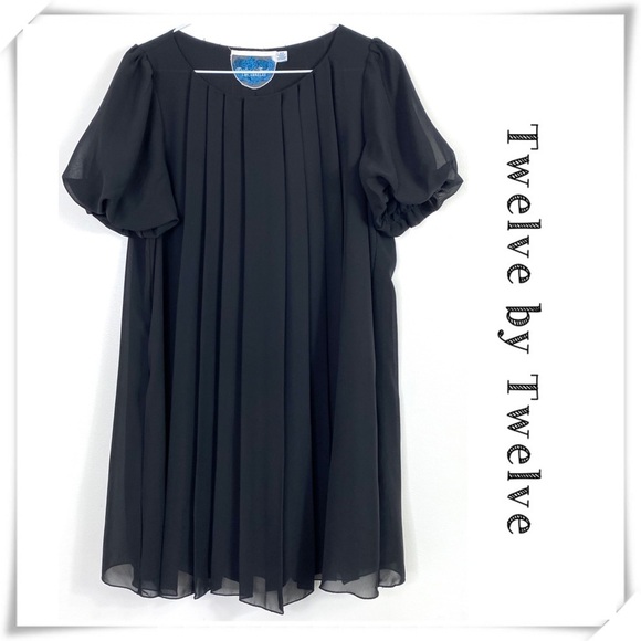 TWELVE by Twelve Los Angeles Puffer Sleeve Pleated Crepe Dress in Black - Picture 1 of 6